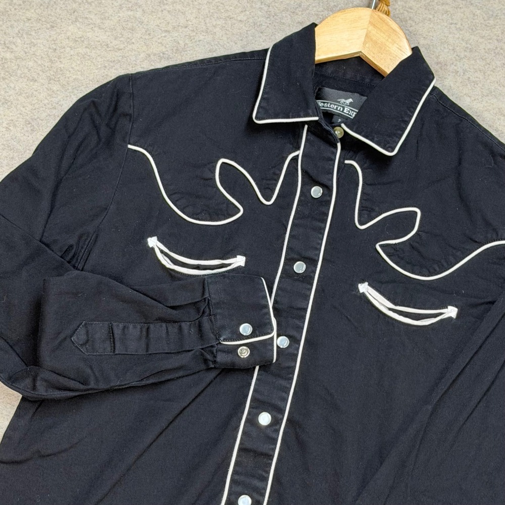 Western Express Mens Small Black Long Sleeve Pearl Snap Western Shirt White Pipe
